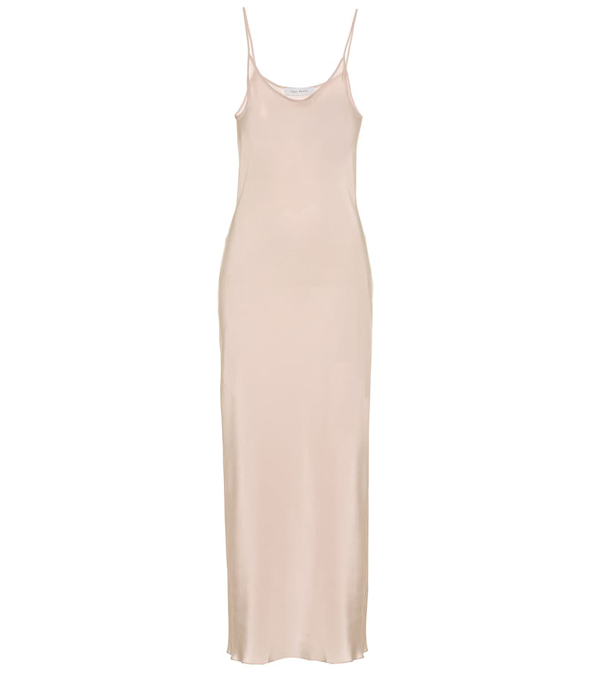 beige silk slip dress