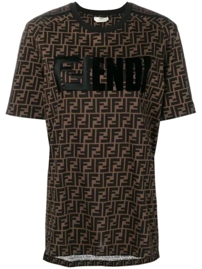 Fendi Logo Embroidered Cotton Jersey T-shirt In Brown