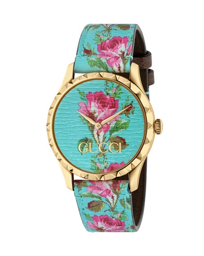 Gucci 38mm G-timeless Blooms Leather Watch, Gold/aqua In Blue