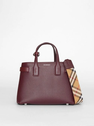 Burberry The Small Banner In Leather And Vintage Check In Mahogany Red