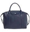 Longchamp Medium 'le Pliage Cuir' Leather Top Handle Tote - Blue In New Navy