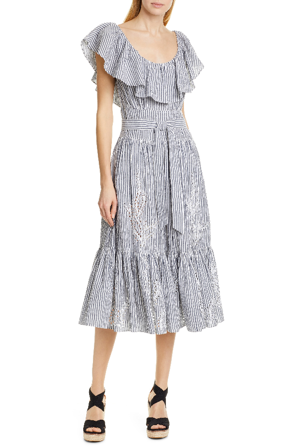 Tory Burch Runway Striped Eyelet Embroidered Midi Dress In Cotton ...