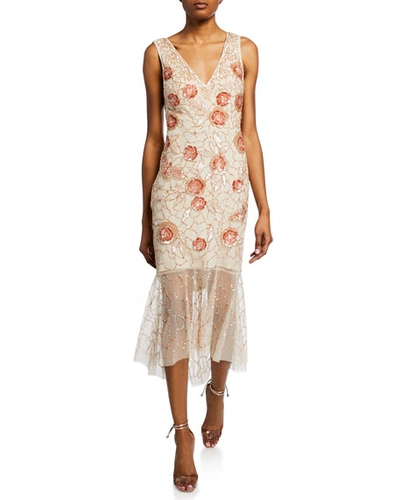 Aidan Mattox Floral Beaded V-neck Sleeveless Midi Dress In Champagne