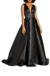 Mac Duggal V-neck Sleeveless Metallic Jacquard Empire Gown In Black