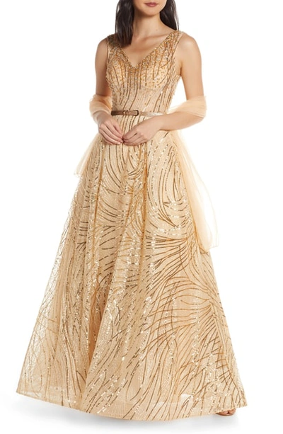 Mac Duggal Sequined V-neck Sleeveless Belted Novelty Tulle Gown In Gold