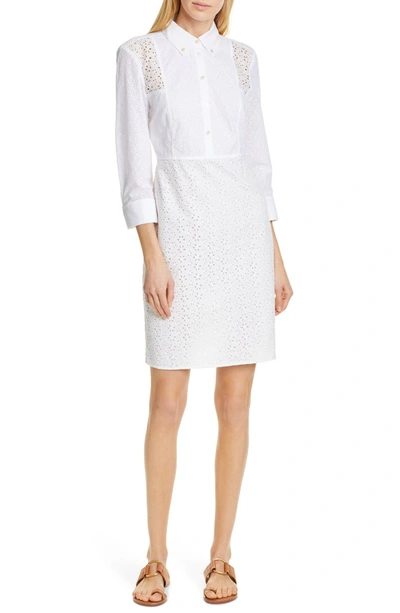 Tory Burch Patchwork Eyelet 3/4-sleeve Cotton Dress In New Ivory