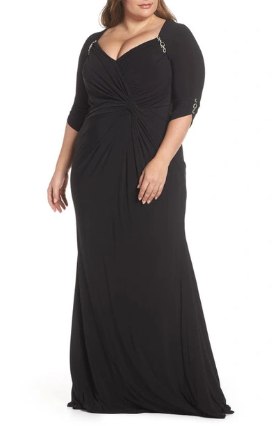 Mac Duggal Plus Size Sweetheart 3/4-sleeve Ruched Gown With Embellishments In Black