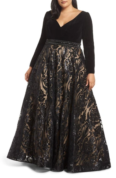 Mac Duggal Plus Size Velvet Plunge-neck Long-sleeve Ball Gown With Sequined Skirt In Black/ Nude