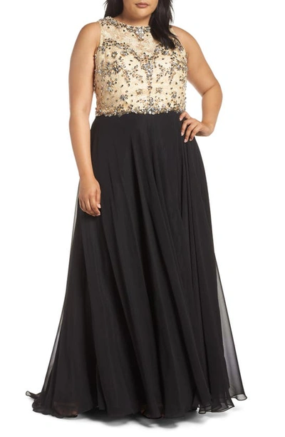 Mac Duggal Plus Size High-neck Sleeveless Embellished Bodice A-line Gown In Black/ Gold