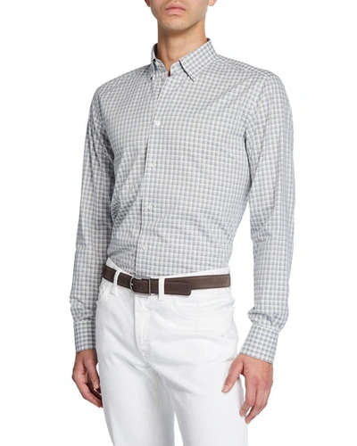 Brioni Men's Grid Check Cotton Dress Shirt In White/brown