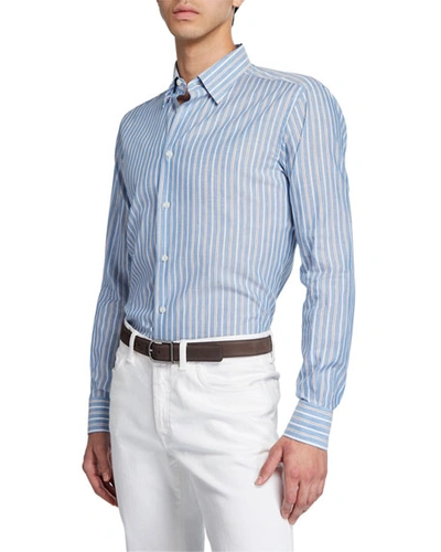 Brioni Men's Multi-stripe Cotton/linen Dress Shirt In Blue/white