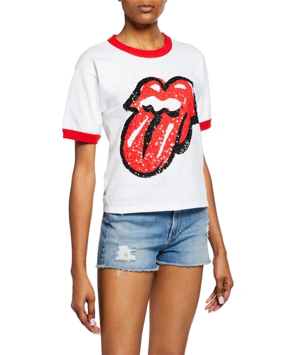 Alice And Olivia Rylyn Rolling Stones Embellished Cropped Tee In Multi