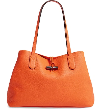 Longchamp Roseau Essential Medium Leather Shoulder Tote Bag In Orange