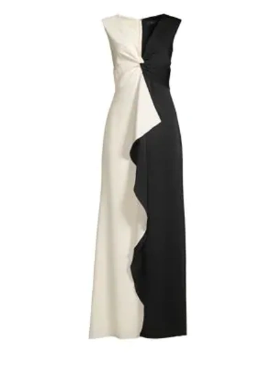 Bcbgmaxazria Colorblock Twist Front Ruffle Gown In Black Combo