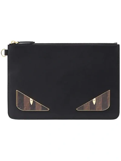 Fendi Bag Bugs Black Leather Pouch In F0kur-black+ Soft Gold