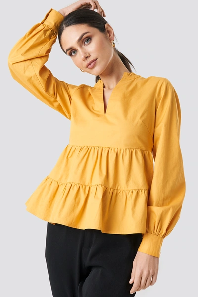 Na-kd V-neck Volume Sleeve Top - Yellow In Mustard Yellow