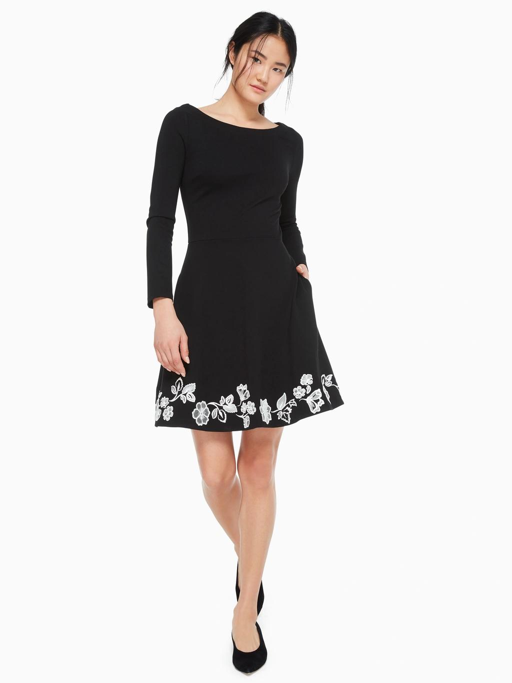 Kate Spade Embroidered Ponte Fit & Flare Dress In Black | ModeSens