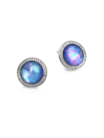 Ippolita Sterling Silver Lollipop Lapis, Mother Of Pearl & Rock Crystal Triplet & Diamond Halo Stud Earrings In Blue/silver