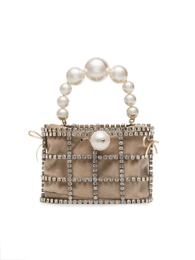Rosantica Beige Holli Pearl Embellished Brass Cage Bag In Metallic