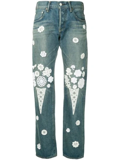 Tu Es Mon Tresor Dead Stock Lace Patch Bouquet Jeans In Blue