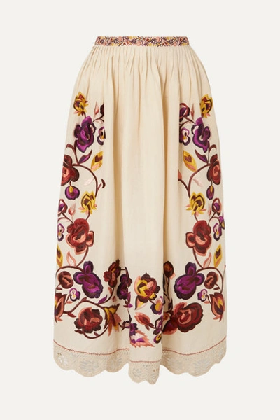 Ulla Johnson Yana Embroidered Linen And Cotton-blend Midi Skirt In White