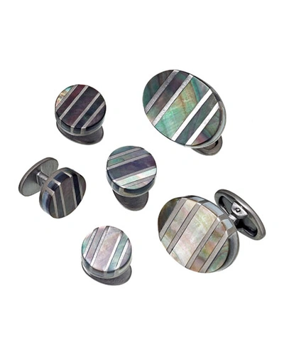 Jan Leslie Oval Cufflinks Stud Sets With Mother-of-pearl Stripes