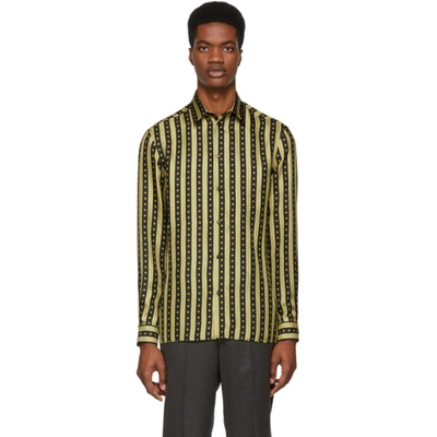 Versace Silk Greek Key Striped Shirt In A732 Blk/go