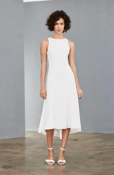 Amsale Mesh Back Crepe Tea Length Dress In Ivory