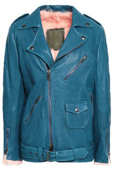 Mr & Mrs Italy Woman Shearling-lined Textured-leather Biker Jacket Storm Blue