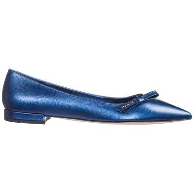 Prada Women's Leather Ballet Flats Ballerinas In Blue