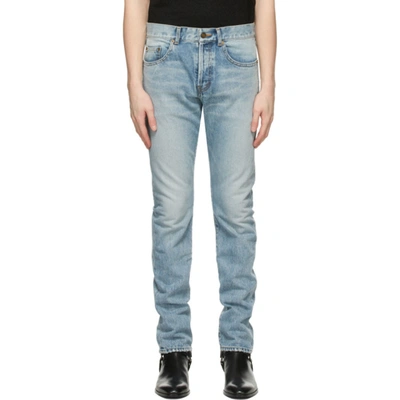 Saint Laurent 17cm Logo Slim Fit Cotton Denim Jeans In Blue