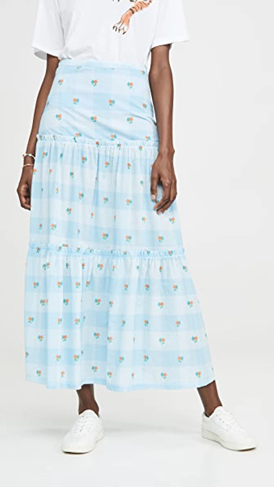 Rixo London Danny Paneled Cotton Midi Skirt In Check Ditsy Floral-dusk Blue