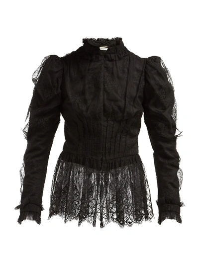 Saint Laurent Puff-sleeved Chantilly-lace Blouse In Black
