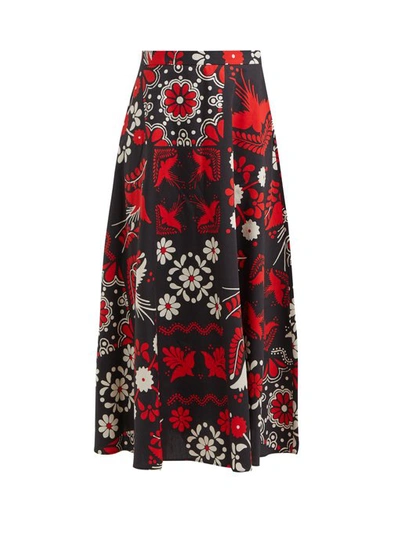 Red Valentino Floral And Bird Print Cotton Maxi Skirt In Black
