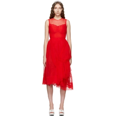 Simone Rocha Asymmetric Gathered Tulle Midi Dress In Red