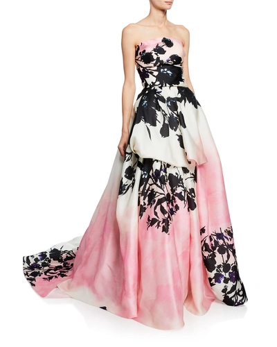 Monique Lhuillier Strapless Floral-print Silk Ball Gown In Pink Pattern