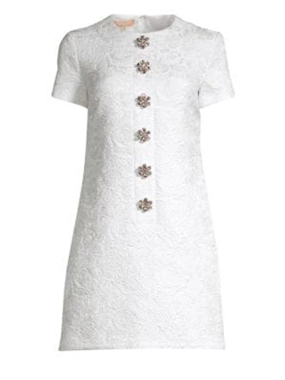 Michael Kors Jacquard Floral Embellished Shift Dress In Optic White