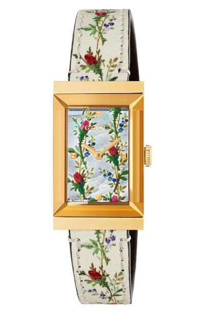 Gucci G-frame Rectangular Floral-print Watch W/ Leather Strap In Pearl