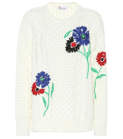 Red Valentino Floral-embroidered Cable-knit Cotton Sweater In White