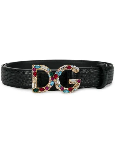 Dolce & Gabbana Bejeweled Dg Buckle Belt In Black