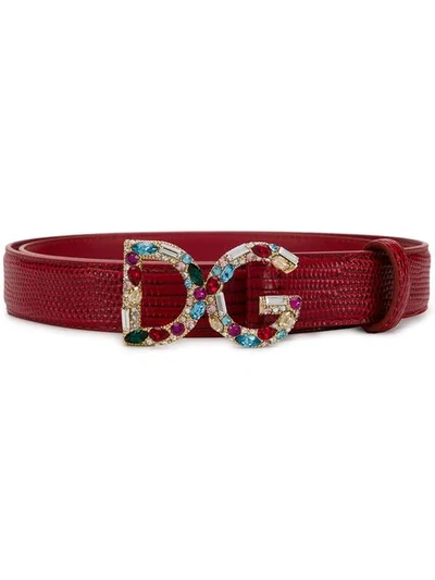Dolce & Gabbana Bejeweled Dg Buckle Belt In Red
