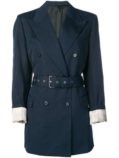 Prada Belted Double-breasted Blazer In Blue