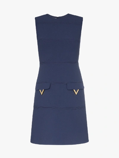 Valentino Sleeveless Logo Lettering Virgin Wool Mini Dress In Blue