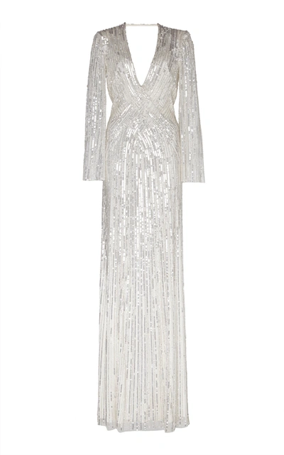 Jenny Packham Silvie V-neck Sequin Gown In White