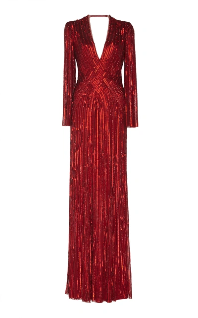 Jenny Packham Silvie V-neck Sequin Gown In Red