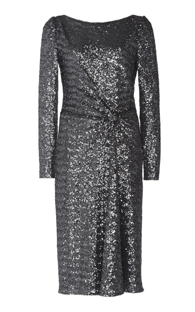 Jenny Packham Alisse Gathered Waist Sequin Dress In Grey