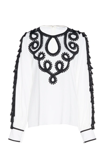Andrew Gn Tasseled Embroidered Georgette Top In White