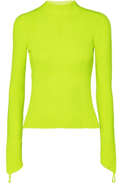 Adam Selman Sport Neon Ribbed-knit Turtleneck Top In Chartreuse
