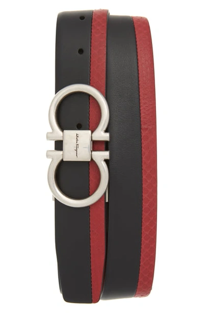 Ferragamo Men's Leather/snake-print Belt With Gancini Buckle In Black