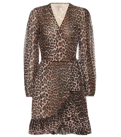 Ganni Leopard Print Mini Wrap Dress In Brown